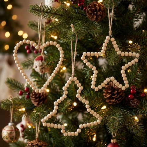 Décorations suspendues Noël perles bois forme cœur, étoile, sapin 13 cm - Lot de 6 | Floristik24.be