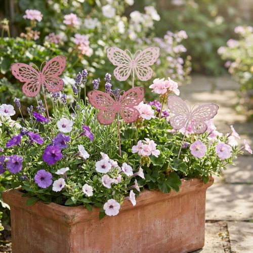 Piquet de jardin papillon métal rose H30cm 6pcs | Floristik24.be