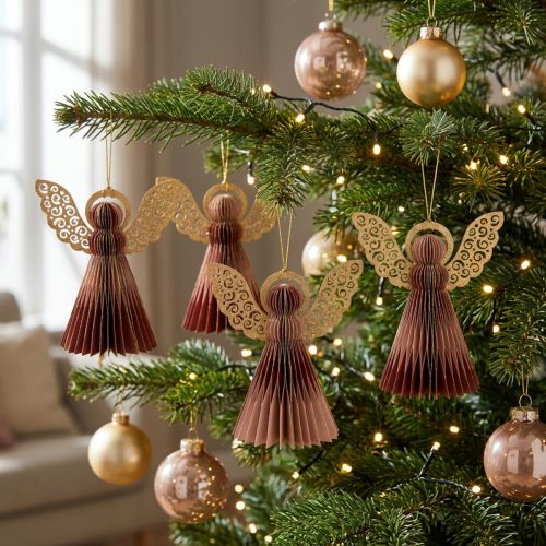 Décoration de Noël Angelots en Papier Bordeaux et Rose avec Détails Dorés, 12 cm, Lot de 4 | Floristik24.be