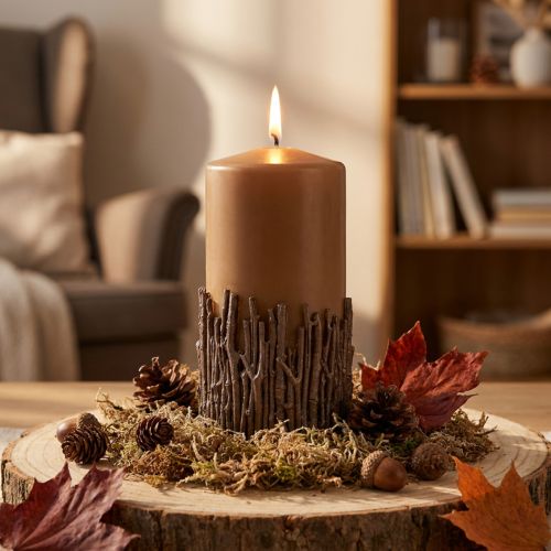 Bougie pilier décorée de branches, cire, caramel brun, 150 x 70 mm | Floristik24.be