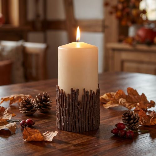 Bougie pilier rustique avec branches, beige, 150 x 70 mm, bougie décorative | Floristik24.be