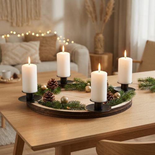 Bougeoir bâton avec plateau en bois – naturel & noir, Ø 33 cm – design intemporel pour toute décoration de table | Floristik24.be