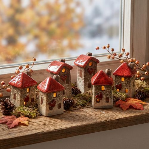 Maison en céramique avec fenêtre de toit rouge et cœur - 6 cm - Décoration idyllique pour la maison et le jardin - 6 pcs | Floristik24.be