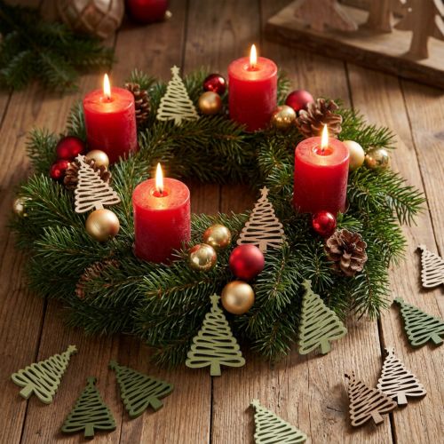 Étoiles en bois Motif sapin de Noël Marron Vert 3×4,5cm 72pcs | Floristik24.be