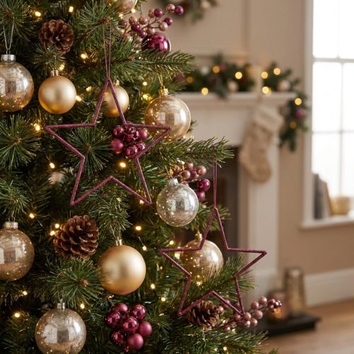 ensemble de 8 étoiles suspendues décoratives Ø18cm couleur baie avec paillettes | Floristik24.be