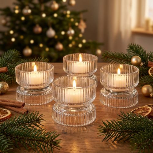 Photophore verre nervuré décoratif clair Ø9cm H7cm 4 pcs | Floristik24.be