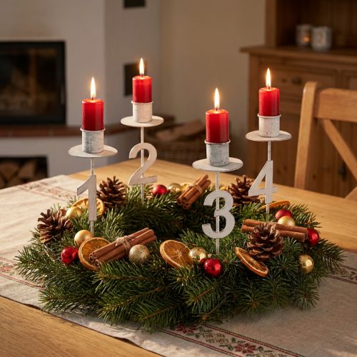Bougeoir de l'Avent avec épine et chiffres blanc H11cm 4 pcs | Floristik24.be