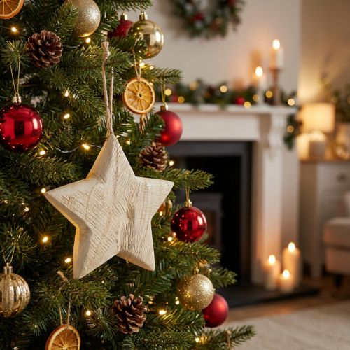 Étoile décorative en bois naturel 13,5 cm avec cordon | Floristik24.be