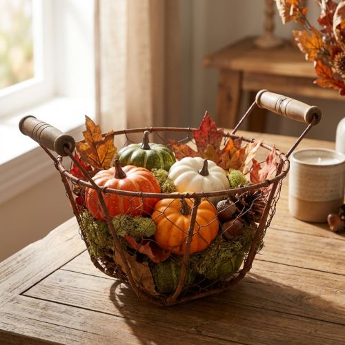 Panier en fil de fer, panier en métal avec anse, bois, rouille, décoratif, Ø18cm | Floristik24.be