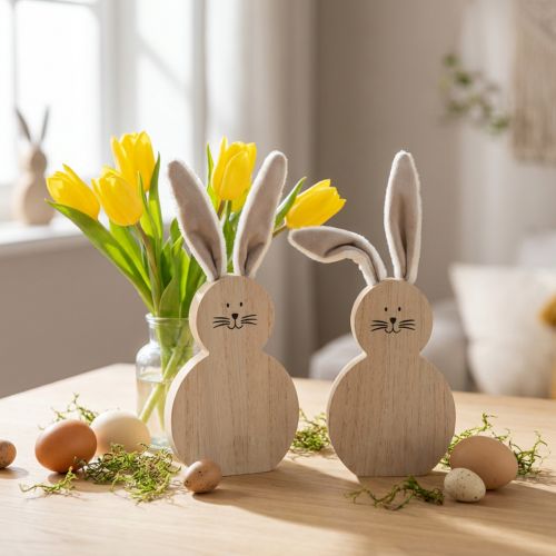 Lapin en bois avec oreilles mobiles marron blanc 11,5×27cm 2 pcs | Floristik24.be