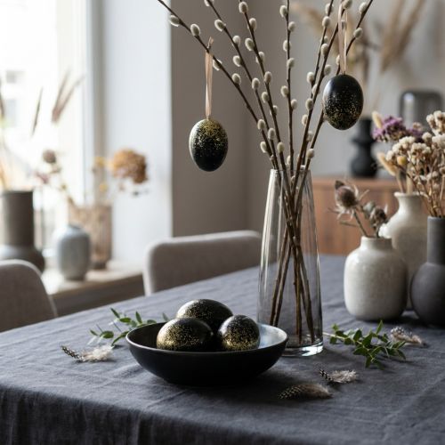 Article Oeufs de Pâques décoratifs véritable œuf d'oie noir avec paillettes dorées H7,5–8,5 cm 10 pièces