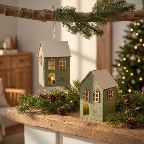 Maisonnettes de Noël en feutrine verte avec LED - Set de 2 | Floristik24.be
