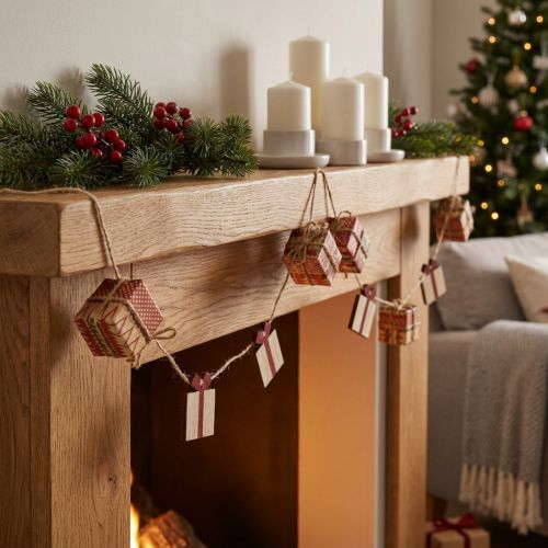 Guirlande de Noël Cadeaux et Étoiles Bois et Papier Rouge et Vert 100 cm | Floristik24.be