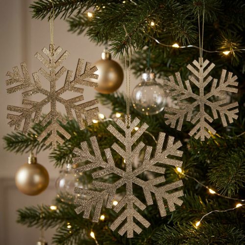 Article Flocons de neige décoratifs en bois doré à suspendre Ø8-12cm, lot de 9