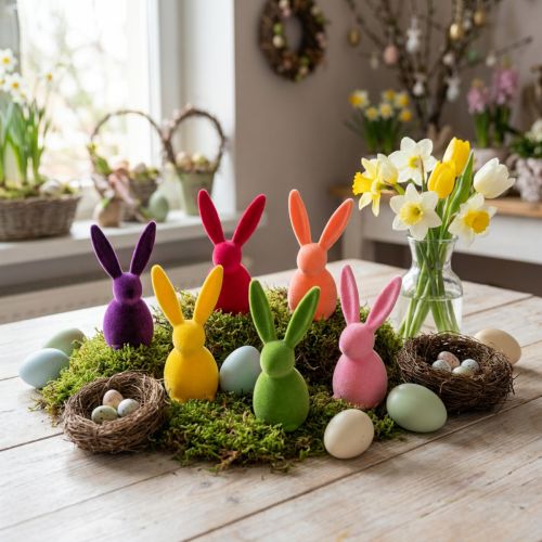 Lapin floqué, coloré, 13 cm de haut, assorti, lot de 6 | Floristik24.be