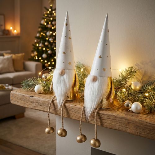 Figurine décorative de Noël Gnome blanc, or Ø6,5cm H22cm 2 pcs | Floristik24.be
