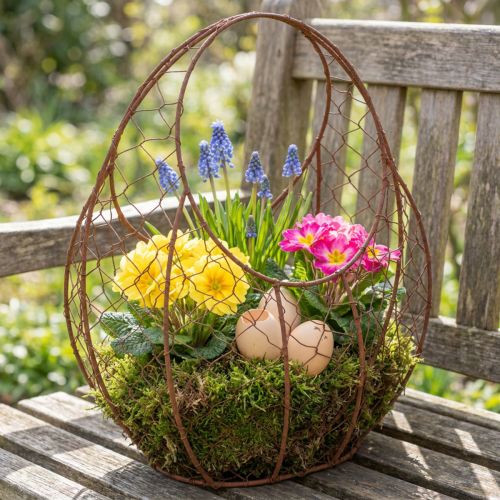 Panier en fil de fer, jardinière en métal, décoration printanière, panier de Pâques, marron, finition rouille, H 34 cm x L 30 cm | Floristik24.be