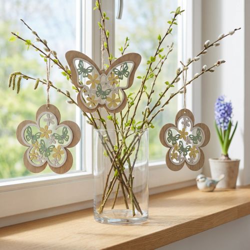 Papillon à suspendre, fleur pendentif en bois, décoration printanière à paillettes H11/14.5cm 4pcs | Floristik24.be