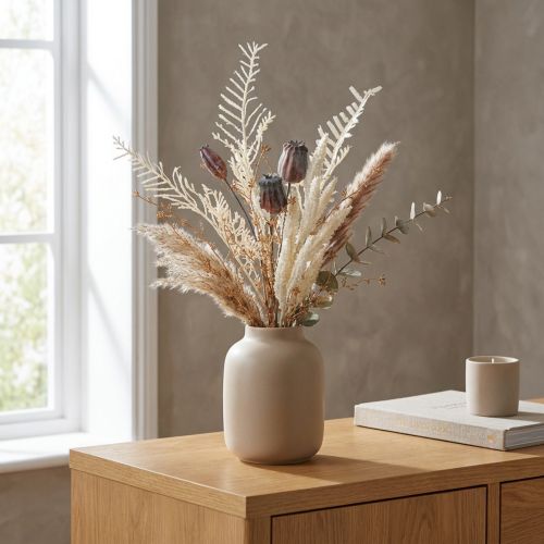 Capsules de pavot, fleurs séchées décoratives, fougère artificielle, crème, 63 cm – Décoration élégante pour la maison et le mariage | Floristik24.be