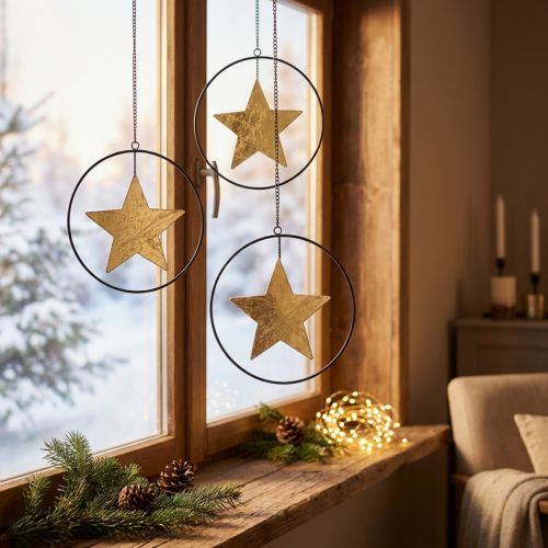 Décoration de Noël Étoiles Suspendues Métal Or et Noir 12,5 cm - Lot de 3 | Floristik24.be