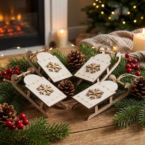 Lot de 4 luges décoratives en bois blanc et or 15,5x6,5x4cm | Floristik24.be