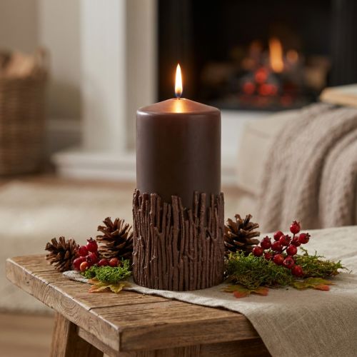 Article Bougie pilier décorative avec branches, marron foncé, 150 x 70 mm, style forêt