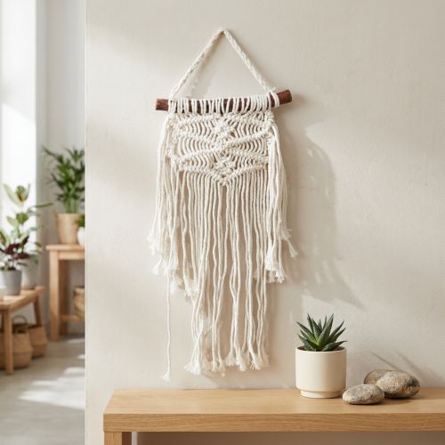 Article Décoration murale en macramé style bohème, couleur crème naturelle, 18,5 x 48 cm