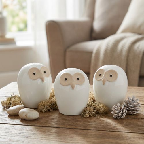 Chouette figurines décoratives céramique décoration animaux de la forêt blanc 11,5cm 3pcs | Floristik24.be