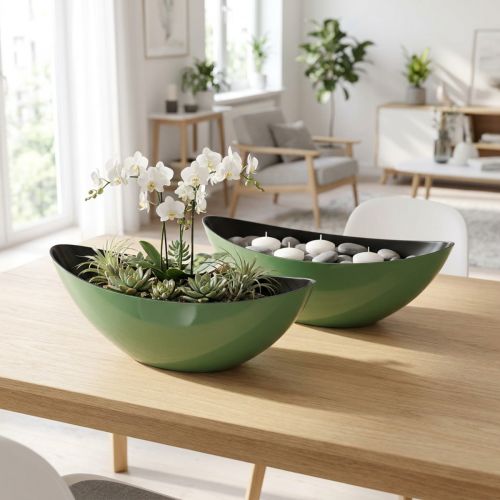 Bol demi-lune vert moderne en plastique 39 cm - polyvalent pour la décoration - 2 pièces | Floristik24.be