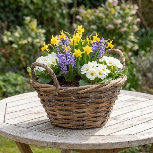 Décoration florale, panier en bois avec anses, jardinière naturelle, blanchi à la chaux H12cm Ø24cm | Floristik24.be