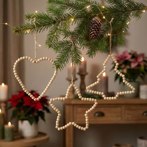 Décorations suspendues bois naturel – Cœur, Étoile, Sapin – Lot de 3 | Floristik24.be
