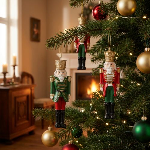 Set de 4 décorations de Noël en forme de casse-noisette, rouge, vert et doré, 10 cm | Floristik24.be