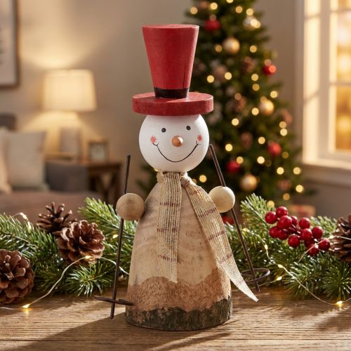 Bonhomme de neige en bois figurine décorative avec chapeau rouge naturel H20,5cm | Floristik24.be