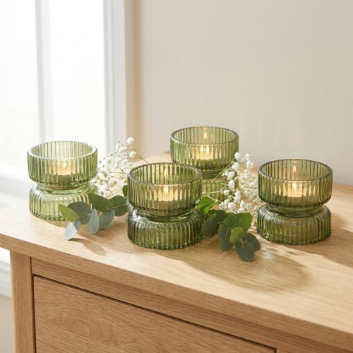 Porte-bougies chauffe-plat en verre décoratif, côtelé, vert, Ø9 cm, H7 cm, lot de 4 | Floristik24.be