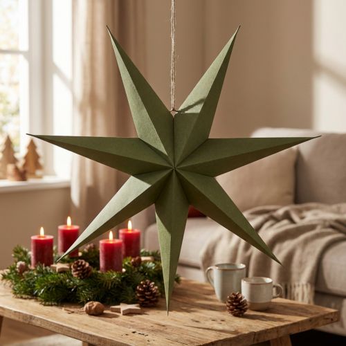 étoile décorative en papier et jute à suspendre verte 75 cm | Floristik24.be