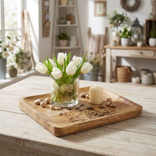 Plateau décoratif en bois de manguier à motif floral, dimensions : 25 × 20 cm | Floristik24.be