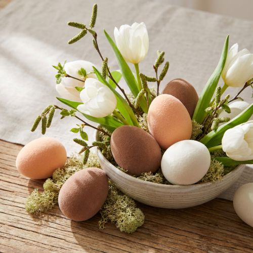 Oeufs de Pâques Petit Floqué Pêche Marron Blanc H4cm 15 Pcs | Floristik24.be