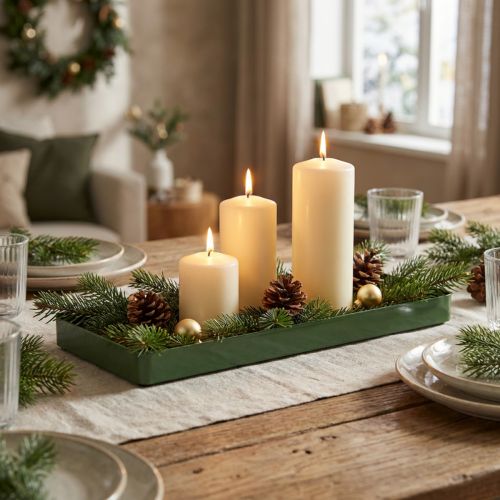 Plateau rectangulaire décoratif, vert, métal, base en bois, 41×14cm | Floristik24.be