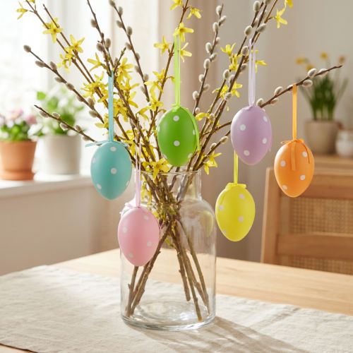 Oeufs de Pâques suspendus oeufs en plastique à pois 8x11,5cm 6pcs | Floristik24.be