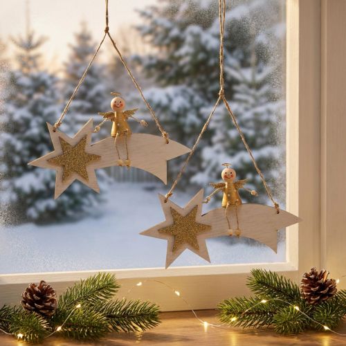 Ange sur étoile filante en bois, décoration de Noël suspendue, 13 × 21,5 cm, lot de 2 | Floristik24.be