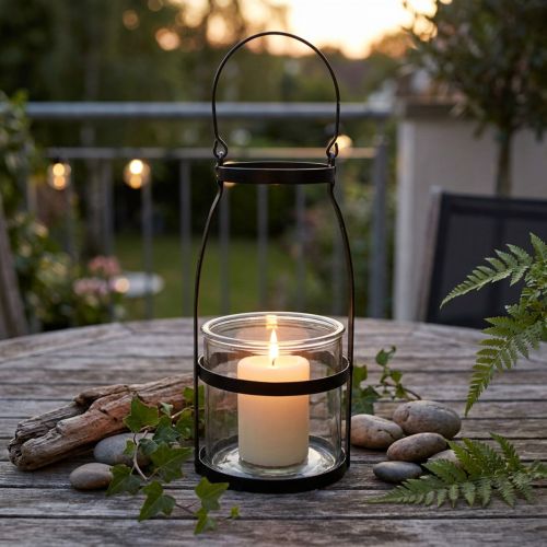 Article Lanterne en verre avec anse bougeoir noir H25cm