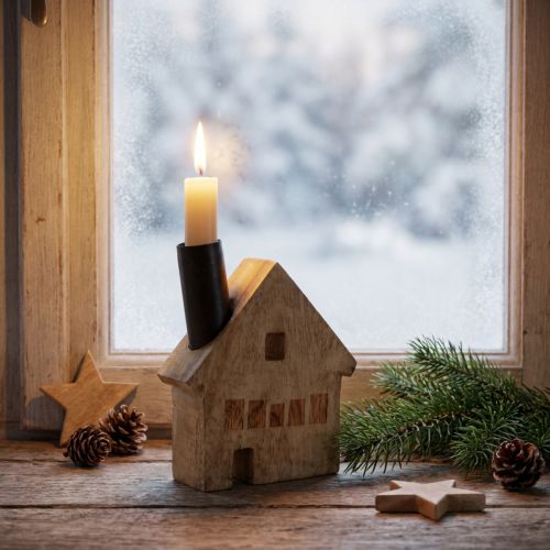 Bougeoir décoratif en bois en forme de maison, noir, 10,5 × 3,5 × 13 cm | Floristik24.be