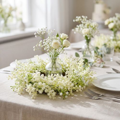 Article Couronne de fleurs mimosa artificielle crème blanc vert Ø25cm