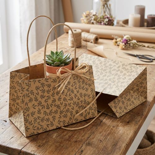 Sac cadeau en papier naturel feuilles marron 20×10×10cm 6 pcs | Floristik24.be