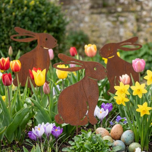 Article Piquet de jardin en métal en forme de lapin de Pâques, pour une décoration printanière élégante en extérieur, 80 cm, lot de 4