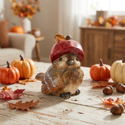 Figurine décorative d'oiseau avec chapeau en forme de pomme rouge, décoration d'automne, 13 cm | Floristik24.be
