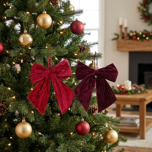 Article Nœud en velours côtelé rouge pour suspendre les décorations de Noël, 24 cm, lot de 2