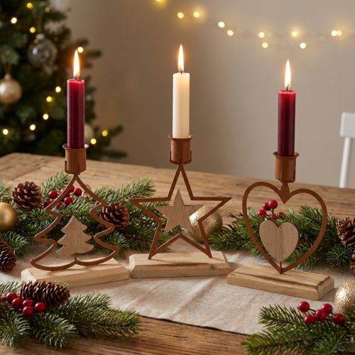 Chandelier bougies étoile coeur sapin marron H16,5cm assorties 3pcs | Floristik24.be