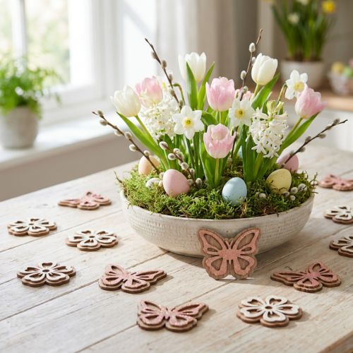 Parsemer décoration bois fleurs/papillons blanc/rose Ø4cm 36p | Floristik24.be