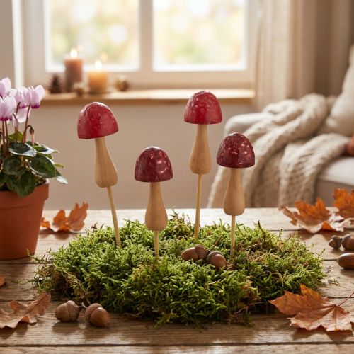 Tuteurs à fleurs, motif champignon, en bois, rouges, Ø 2,5 cm, lot de 8 | Floristik24.be